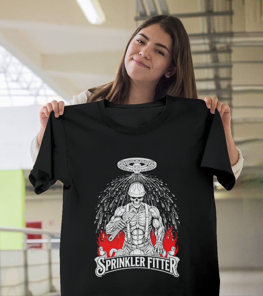 Skeleton Sprinkler Fitter With Fiery T-Shirt