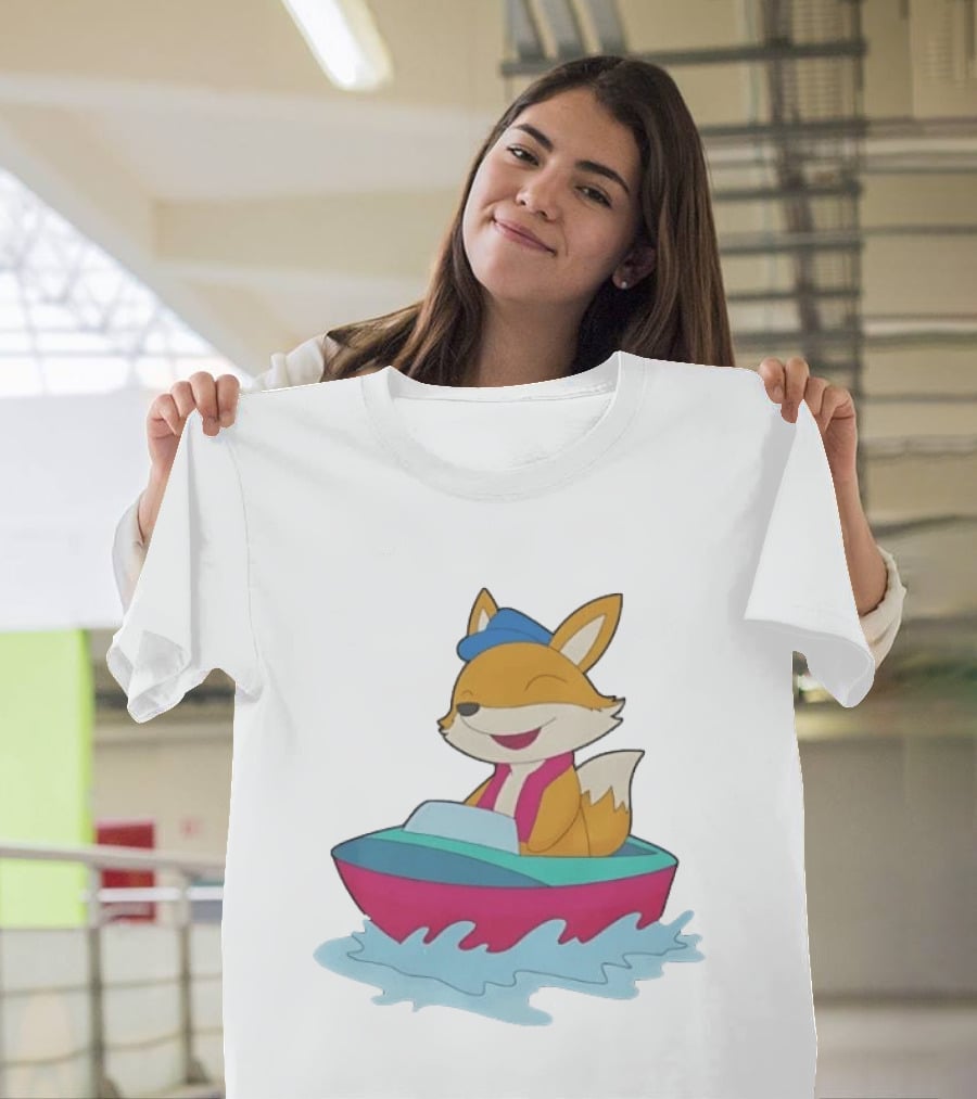 Cheerful Fox Sailing In Colorful Boat With Blue Hat And Pink Life Vest T-Shirt