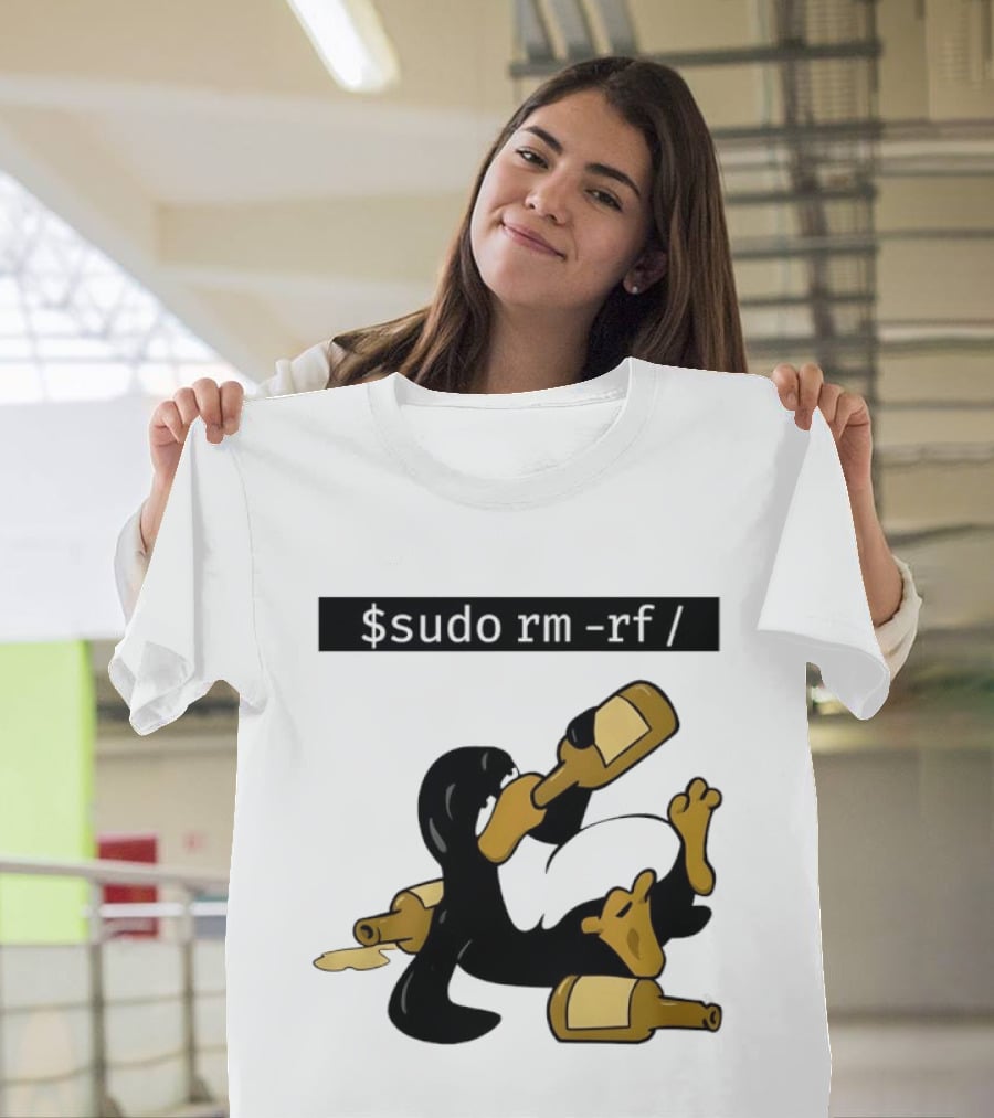 Penguin Linux Tux Drunk Sudo Rm Rf Command Bottles T-Shirt