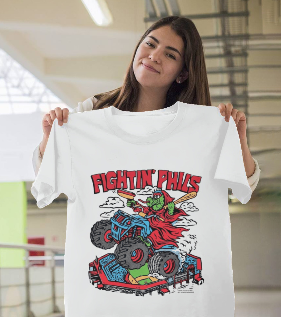 Fightin' Phils Monster Truck Creature Riding Over Baseball Stadium With Bats T-Shirt