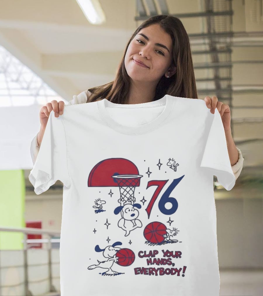 Snoopy Philadelphia 76ers Clap Your Hands Everybody Basketball Theme With Red And Blue T-Shirt