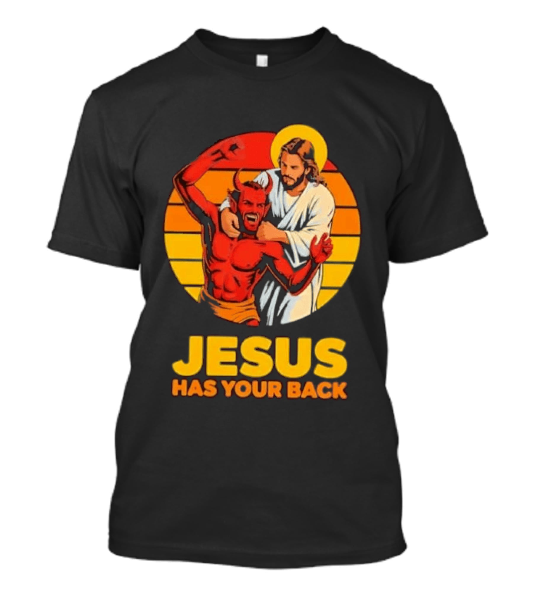 Jesus Has Your Back Vintage Illustration With Devil And Halo Symbolism T-Shirt