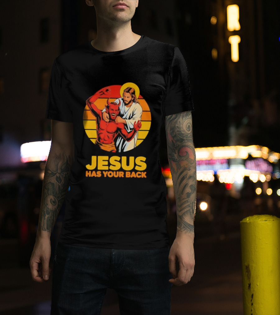 Jesus Has Your Back Vintage Illustration With Devil And Halo Symbolism T-Shirt