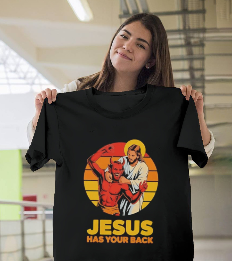 Jesus Has Your Back Vintage Illustration With Devil And Halo Symbolism T-Shirt