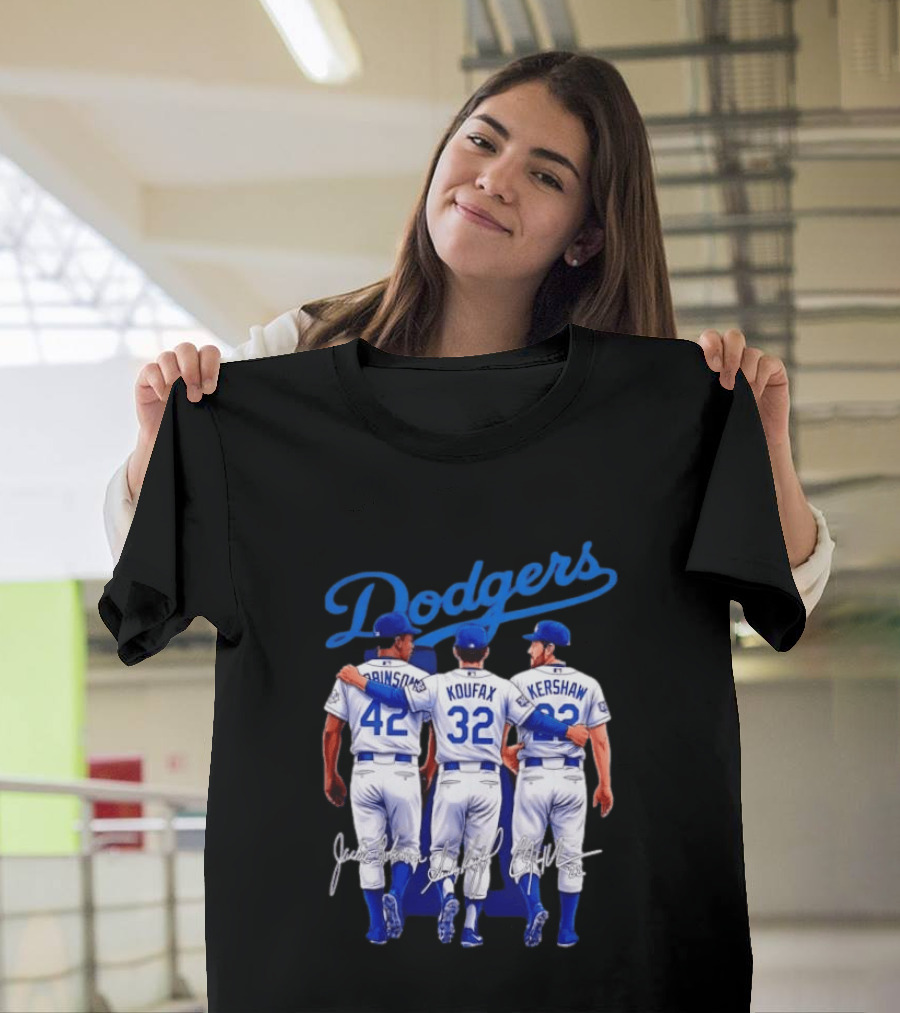 Los Angeles Dodgers Legendary Trio Jackie Robinson Sandy Koufax Clayton Kershaw Signatures T-Shirt