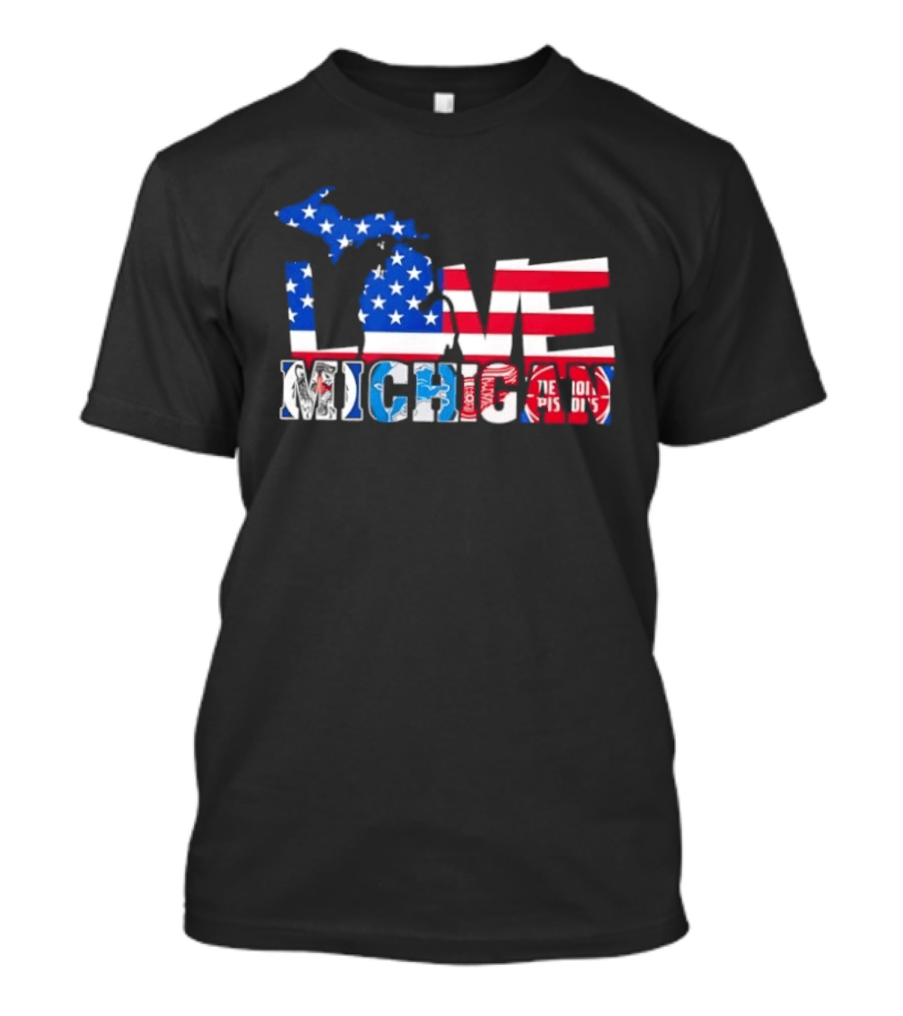 Love Michigan Map USA Flag Detroit Lions Tigers Red Wings Pistons T-Shirt