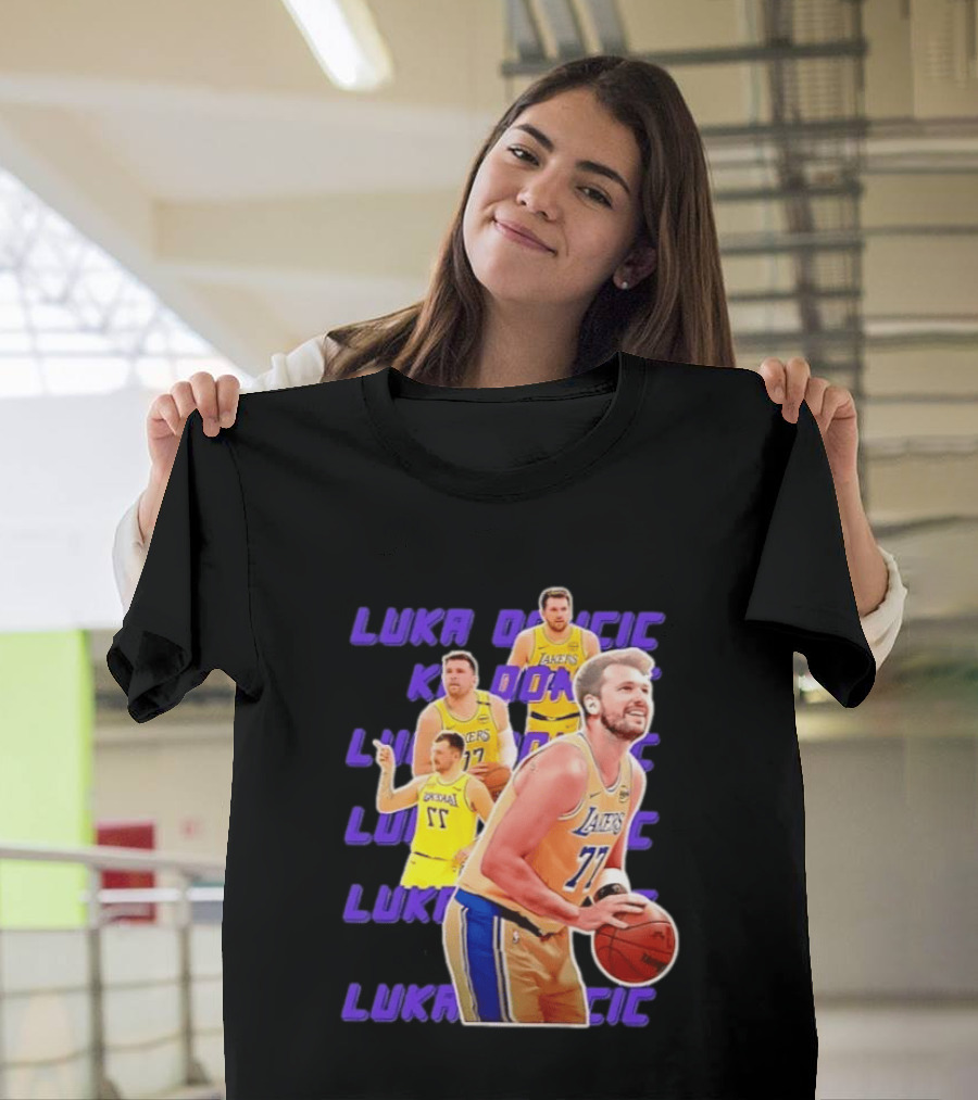 Luka Doncic Lakers 77 Action Shot Multiple Pose Purple Basketball Display T-Shirt