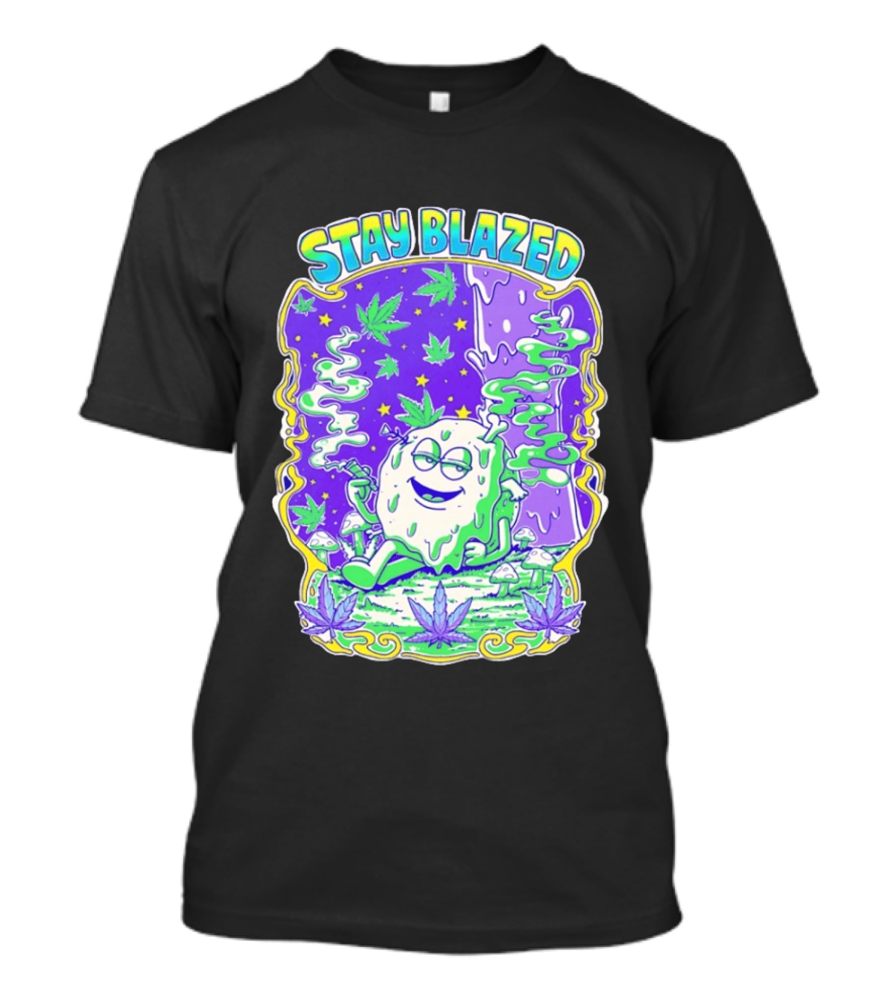 Stay Blazed Trippy Cannabis Character Psychedelic Art Leafs And Mushrooms T-Shirt