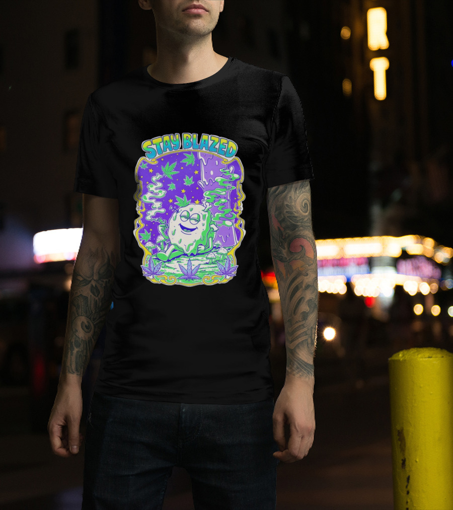 Stay Blazed Trippy Cannabis Character Psychedelic Art Leafs And Mushrooms T-Shirt
