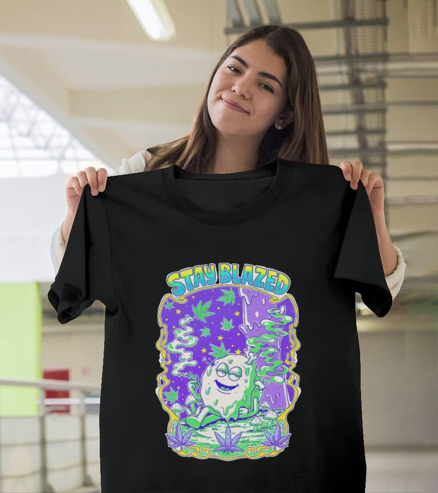 Stay Blazed Trippy Cannabis Character Psychedelic Art Leafs And Mushrooms T-Shirt