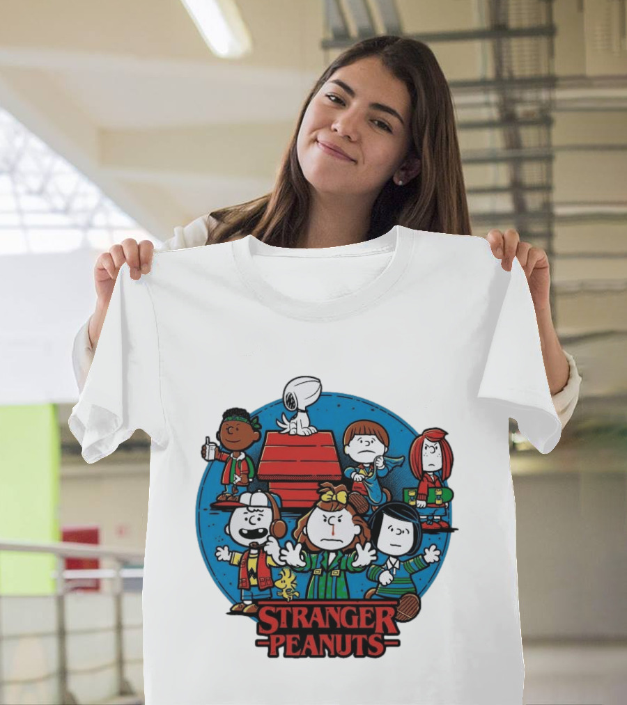Stranger Peanuts Cartoon Characters Crossover Red Doghouse Blue Circle T-Shirt