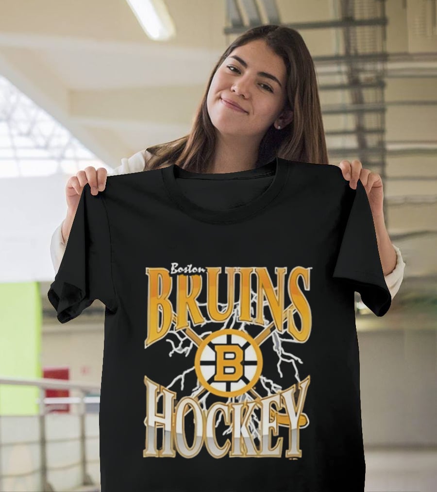 Boston Bruins Hockey B Logo Crossed Sticks Lightning T-Shirt