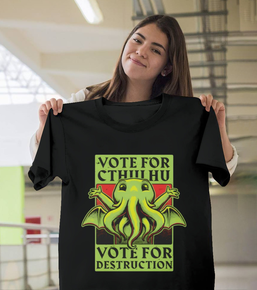 Vote For Cthulhu For Destruction Cartoon Alien Creature With Tentacles And Wings T-Shirt