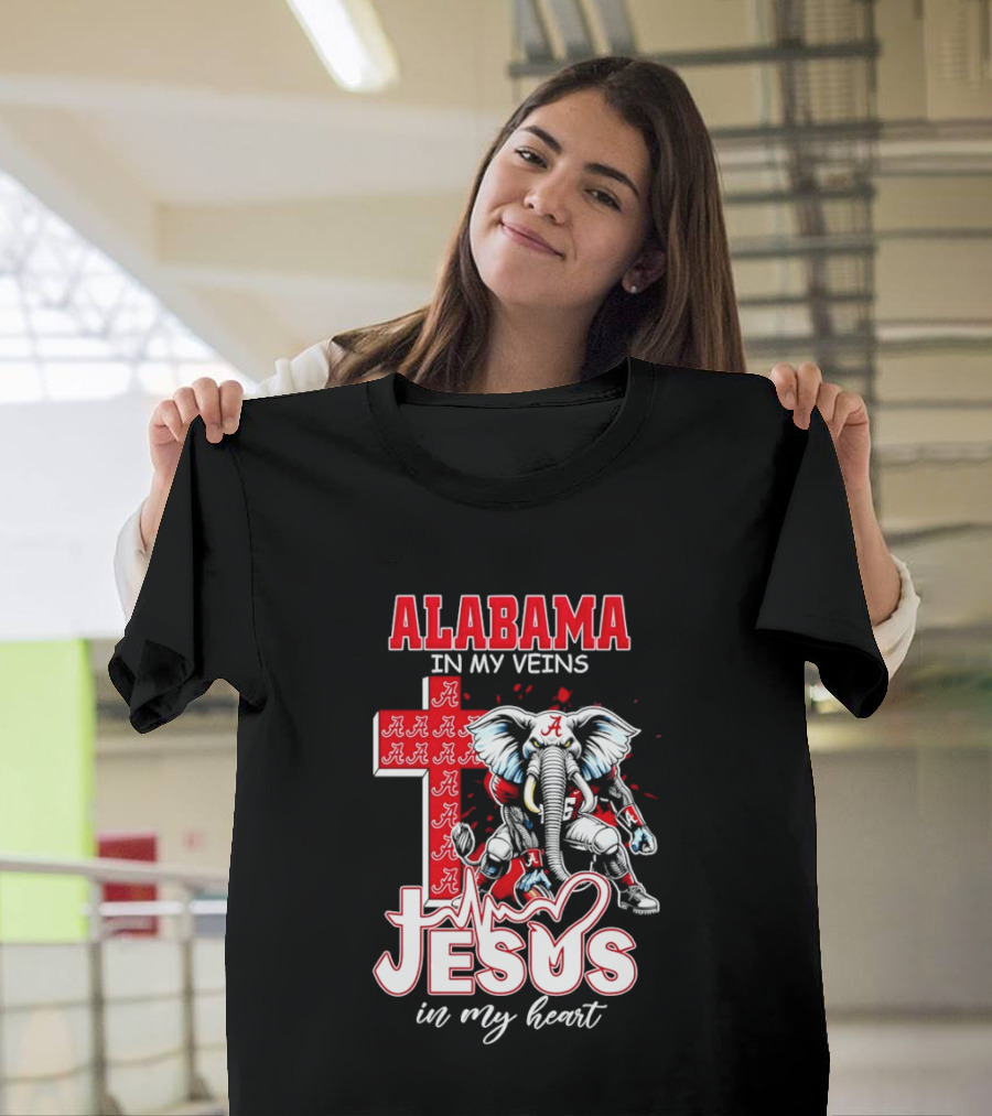 Alabama Crimson Tide In My Veins Jesus In My Heart Elephant Cross T-Shirt