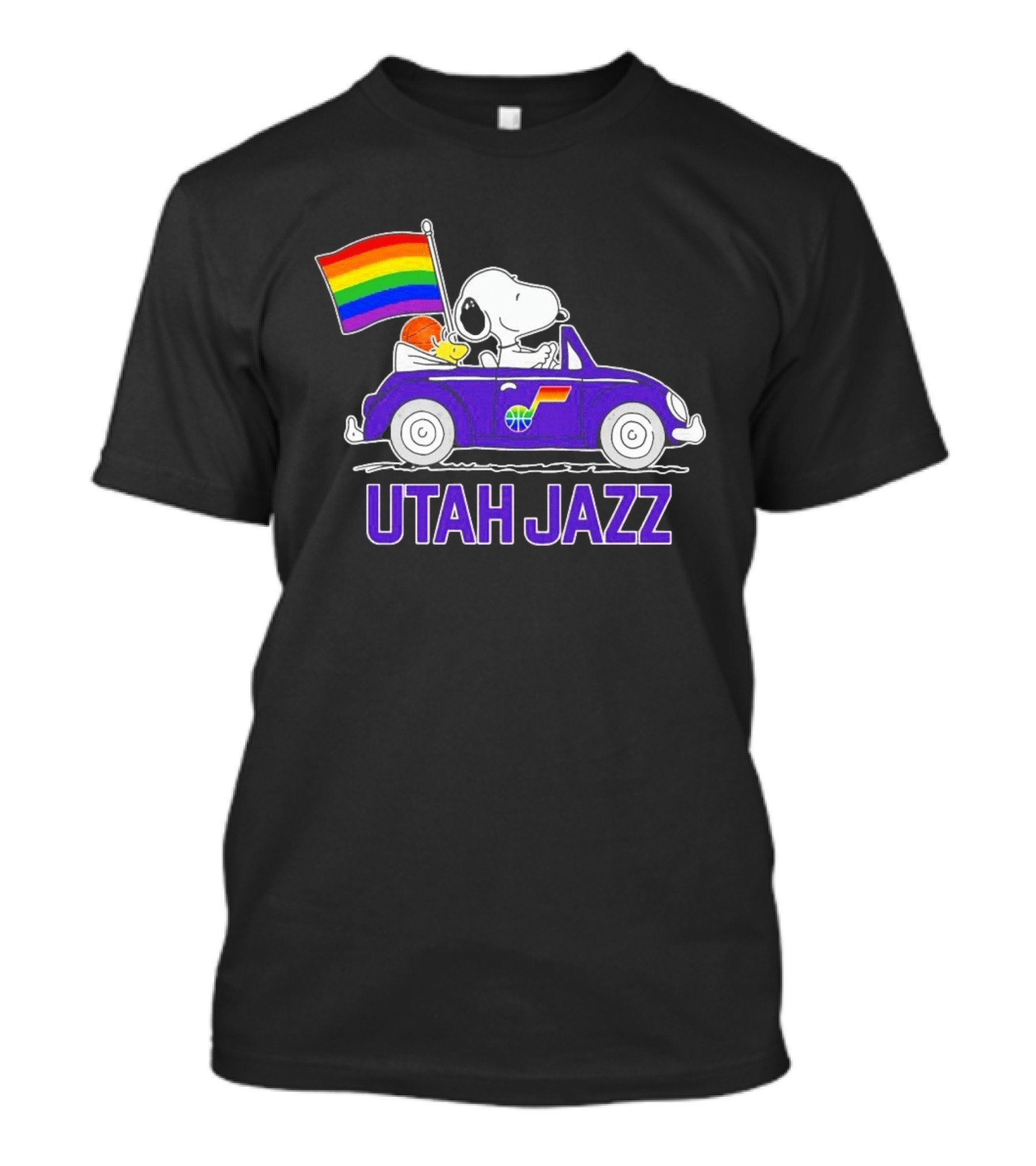 Utah Jazz Snoopy Woodstock Driving Rainbow Flag Car T-Shirt