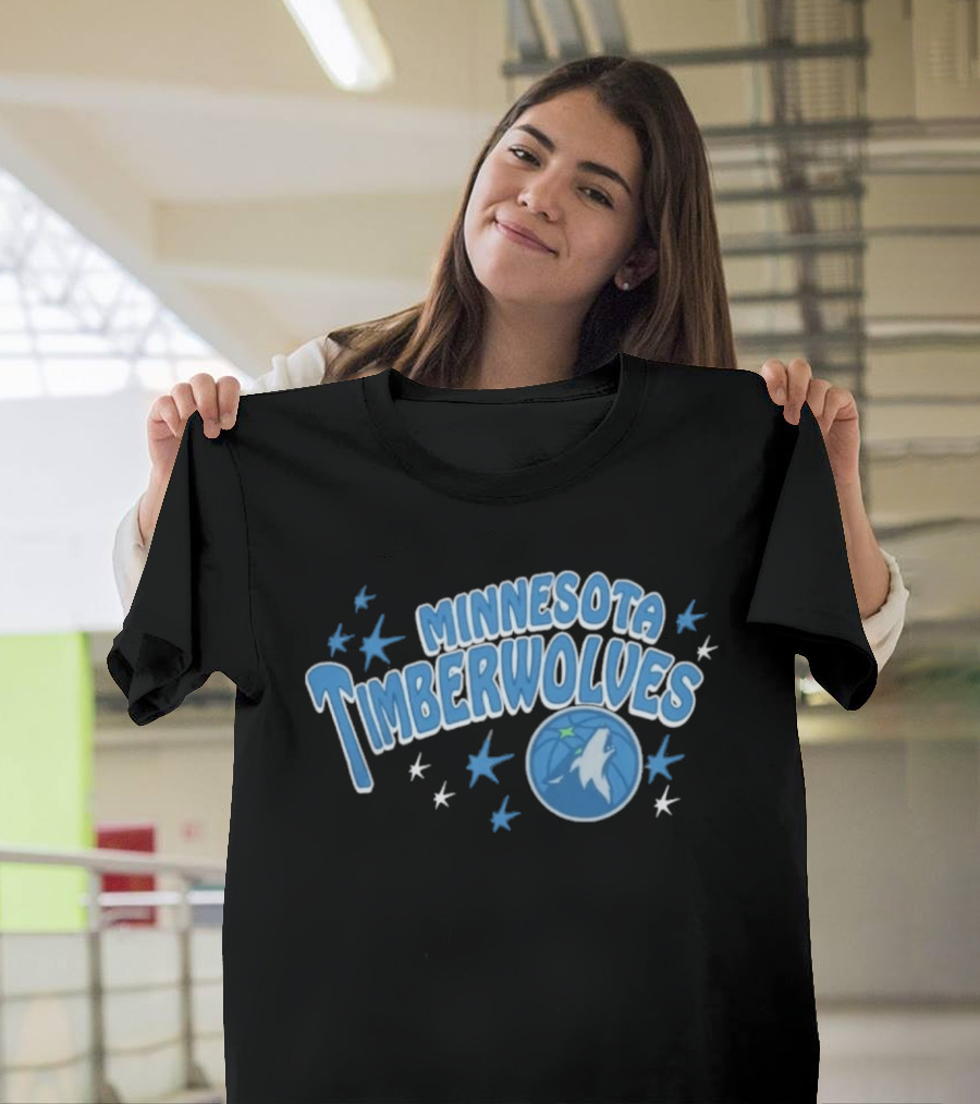 Minnesota Timberwolves Starter Black Fireworks Starry Blue Basketball Wolf T-Shirt