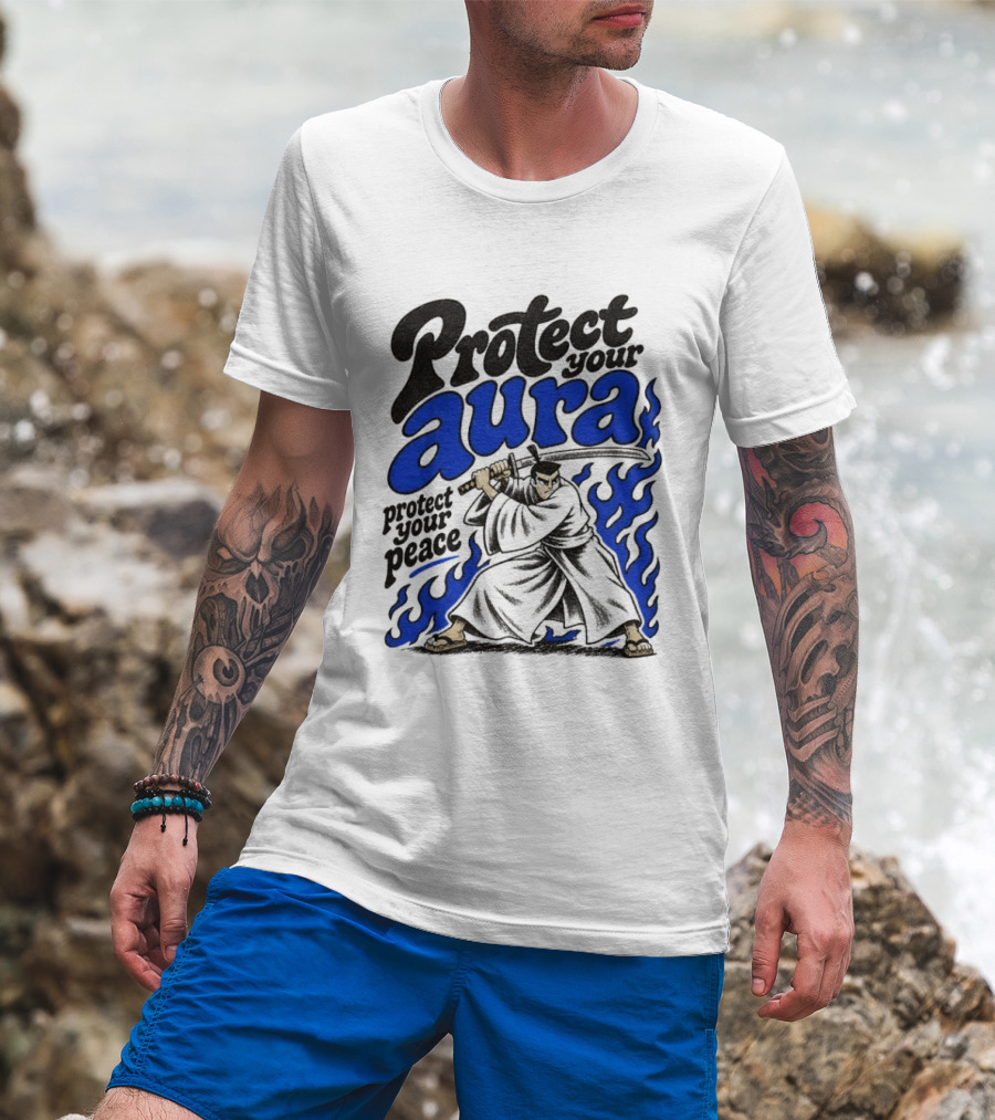 Protect Your Aura Samurai Protect Your Peace Blue Flames T-Shirt