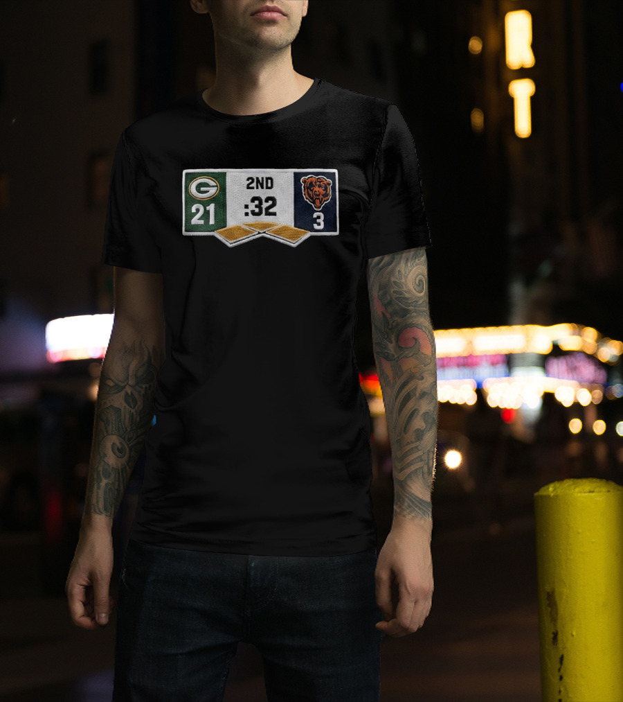 Packers 21 Bears 3 Second Quarter Scoreboard Patch T-Shirt