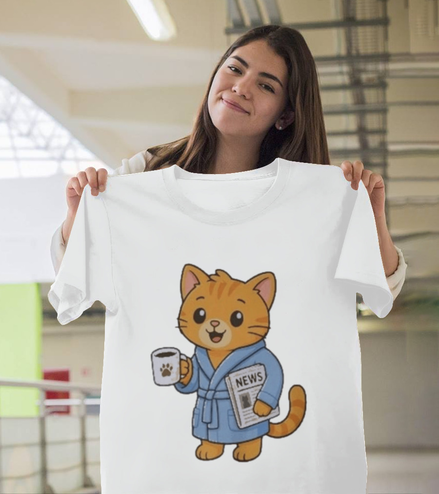 Cat In Bathrobe With Coffee And Newspaper T-Shirt