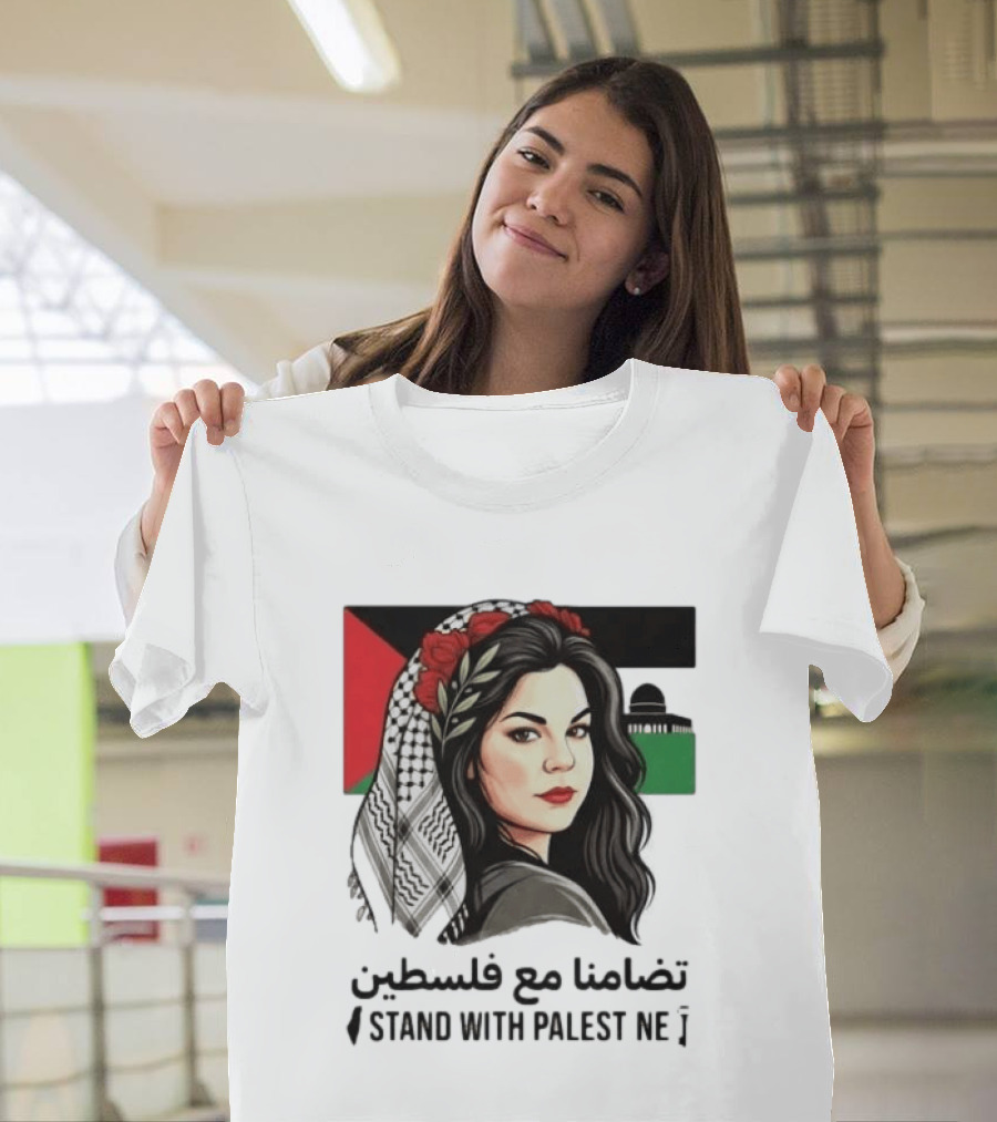 Stand With Palestine Women تضامنًا مع فلسطين Iconic Figure With Traditional Scarf And Flag T-Shirt