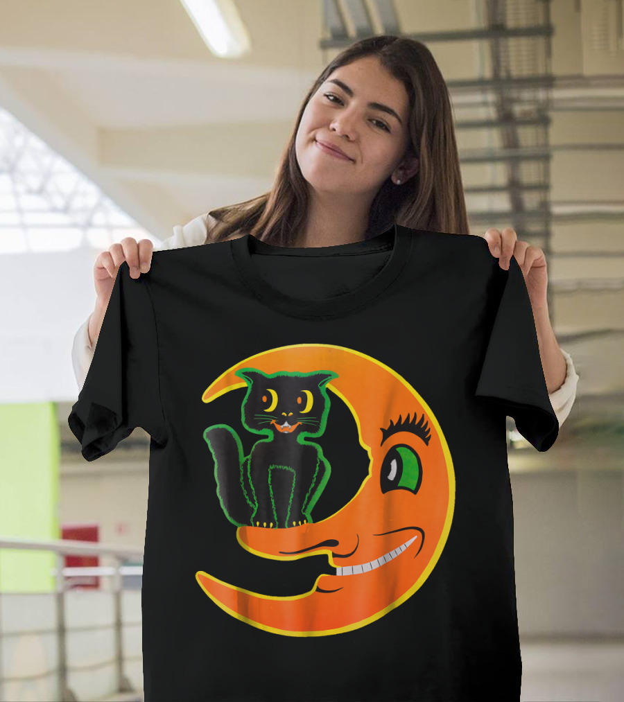Funny Halloween Cat on Smiling Moon T-Shirt