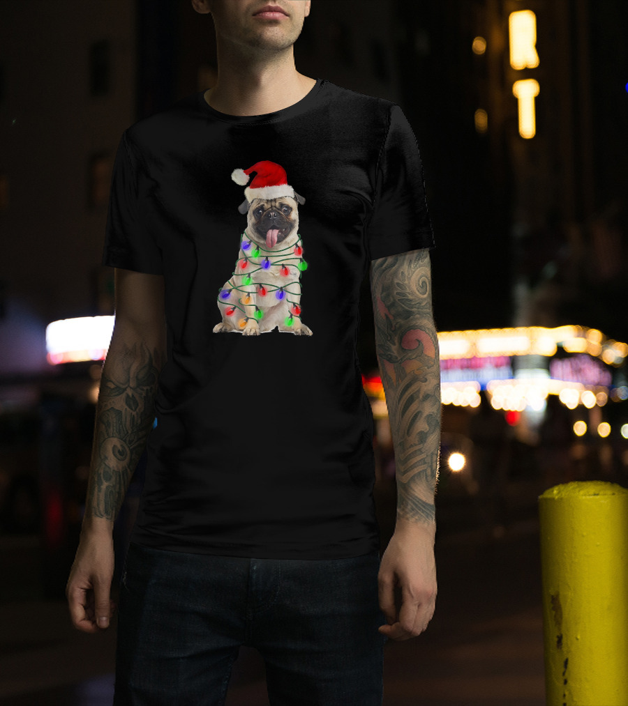 Christmas Pug Wrapped In Festive Lights Wearing Santa Hat T-Shirt
