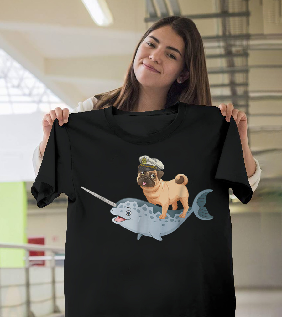 Captain Pug On Narwhal Funny Pug Adventure T-Shirt