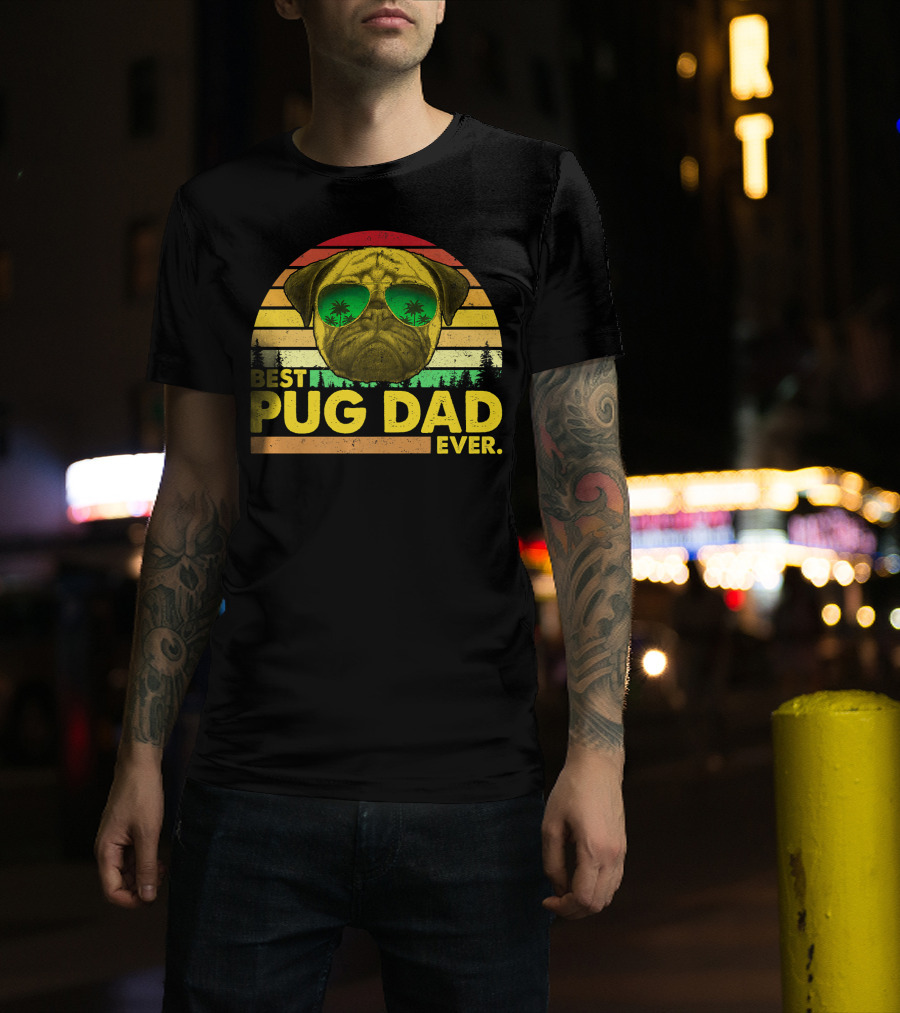 Best Pug Dad Ever Sunglasses Vintage Sunset T-Shirt