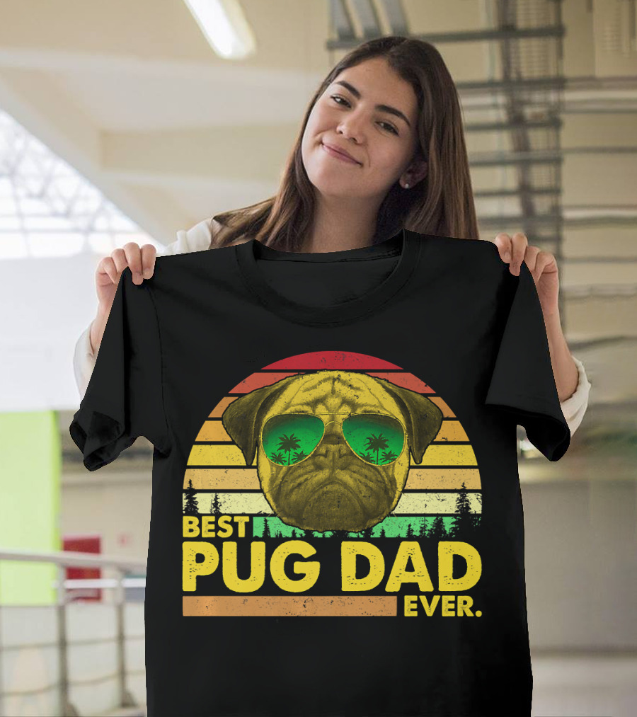 Best Pug Dad Ever Sunglasses Vintage Sunset T-Shirt
