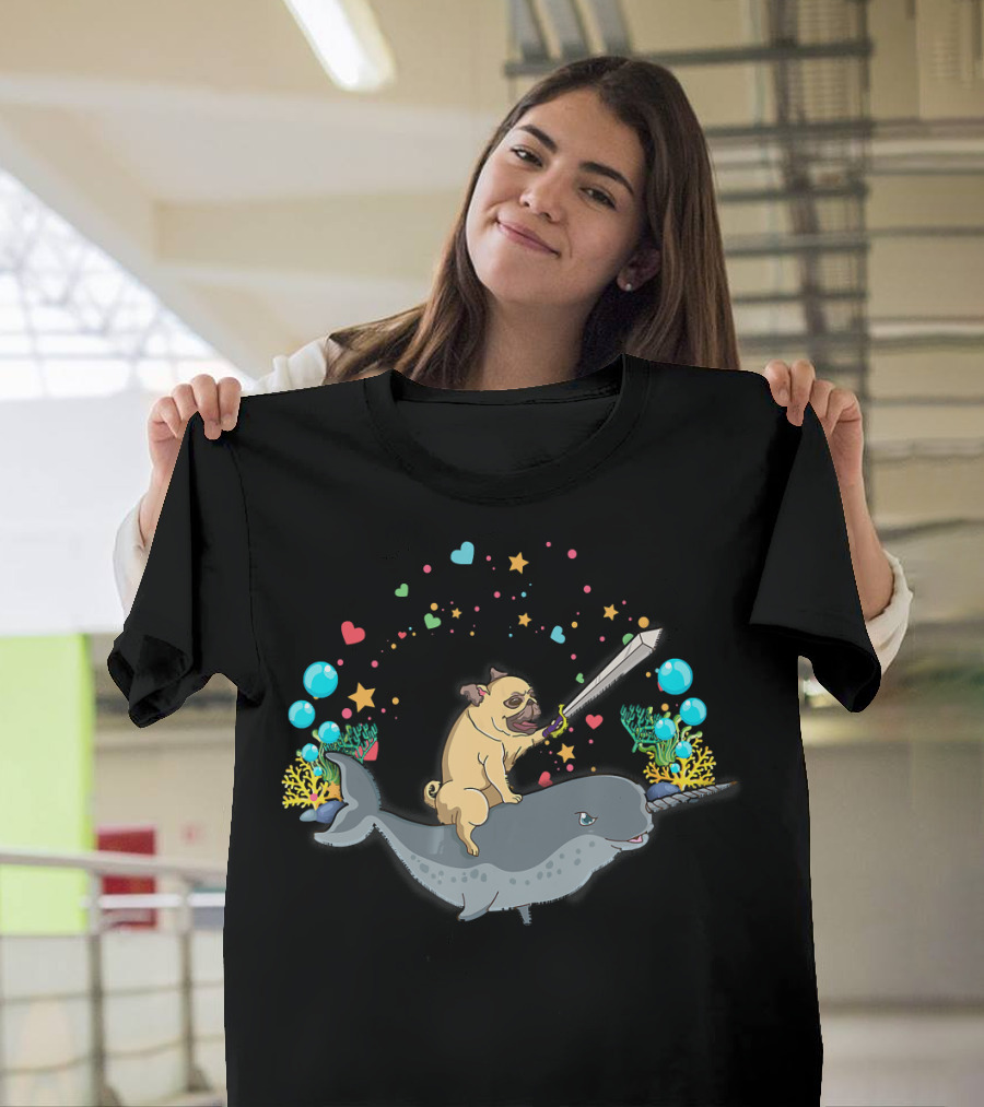Warrior Pug With Sword Rides A Narwhal Surrounded By Hearts And Stars T-Shirt