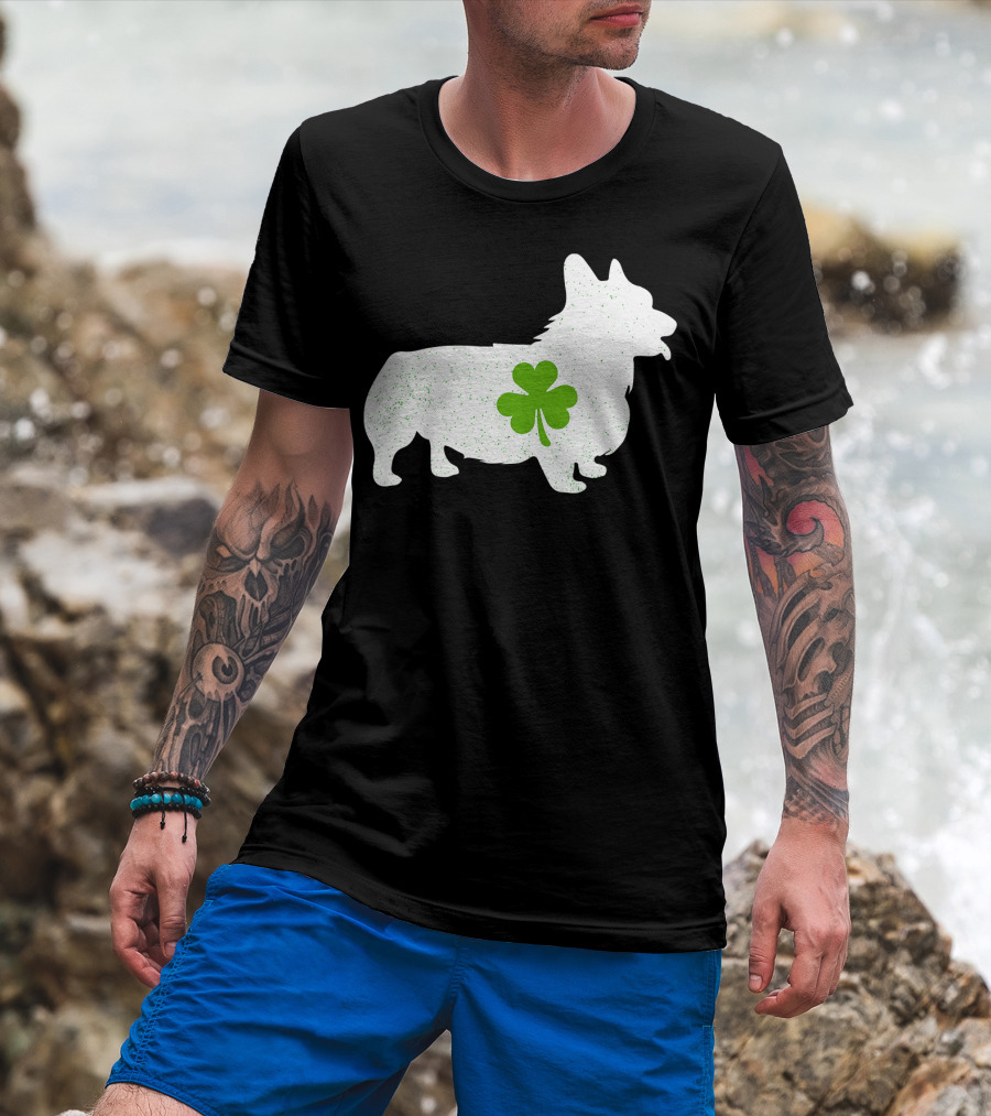 Corgi Silhouette With Green Clover Irish T-Shirt