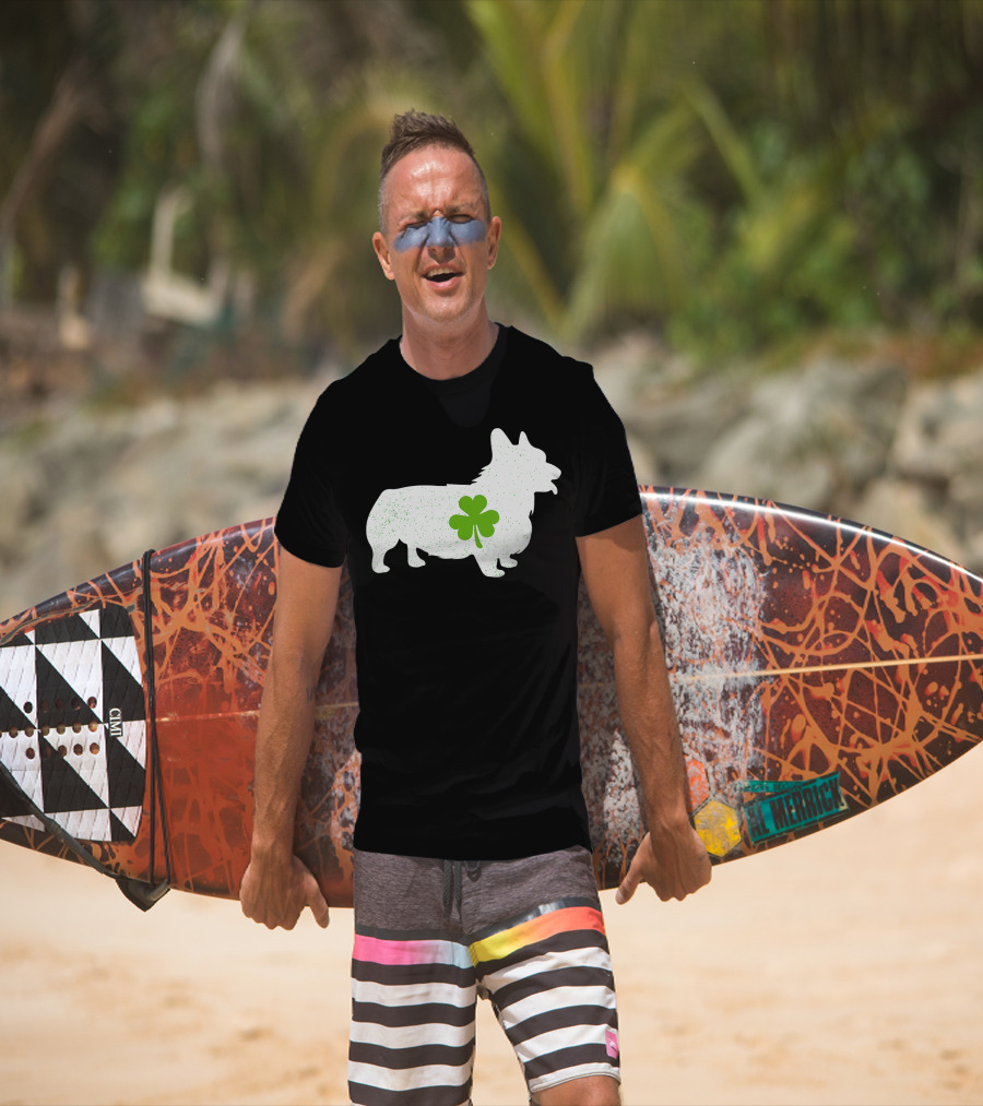 Corgi Silhouette With Green Clover Irish T-Shirt