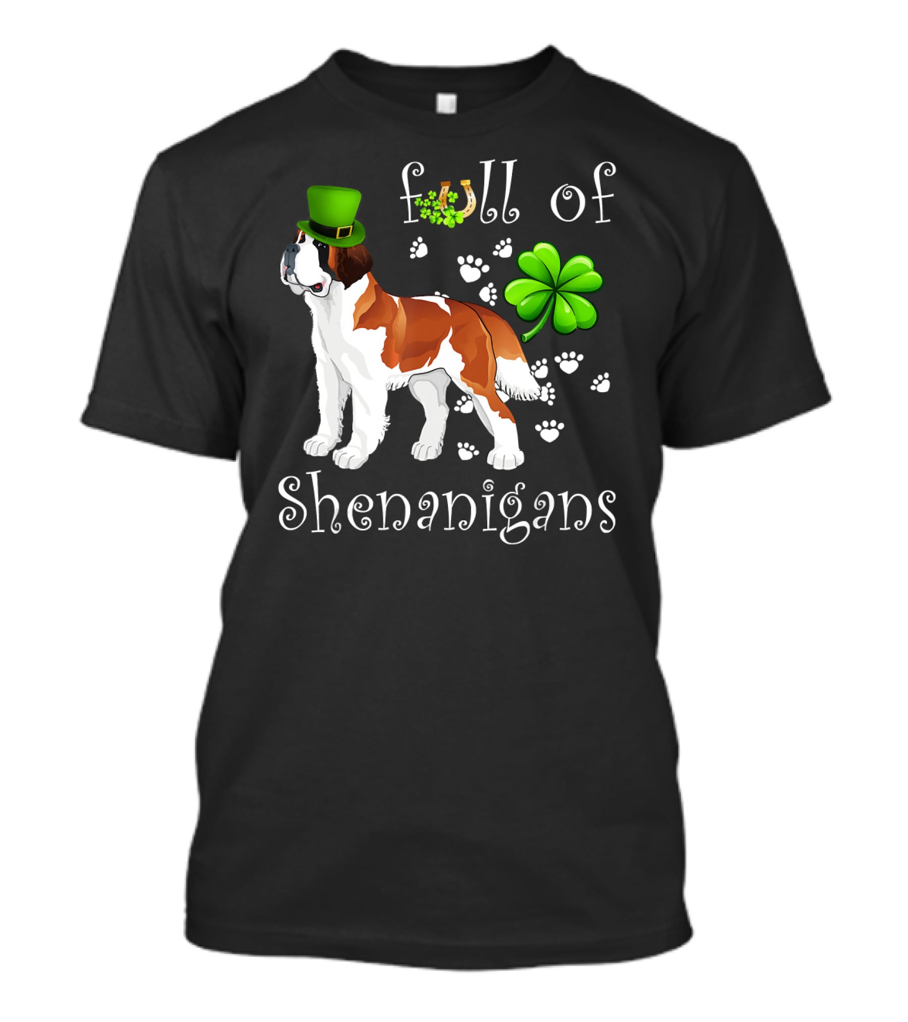 Full Of Shenanigans St Bernard Dog With Shamrock Hat And Paw Prints T-Shirt