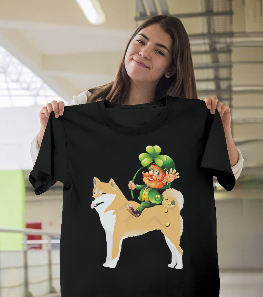 Leprechaun On Shiba Inu With Shamrock Rider T-Shirt