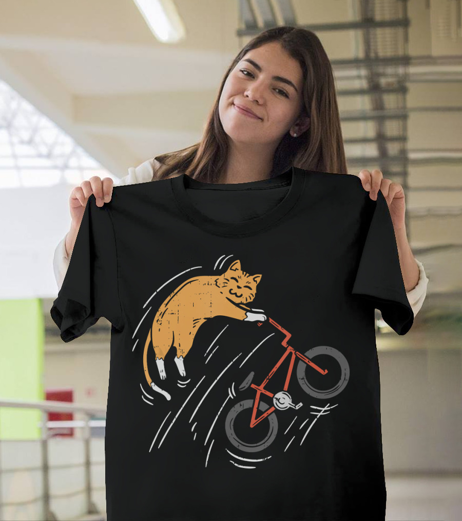 Orange Cat Riding Bicycle in Motion T-Shirt