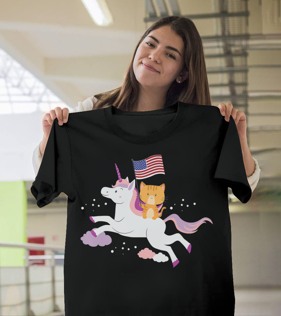 Unicorn Cat 4th of July Independence Day USA Flag T-Shirt