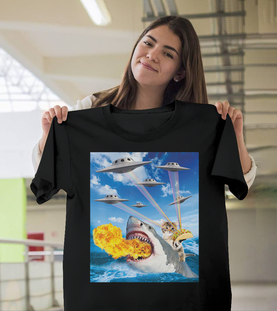 Cat Riding Fire Breathing Shark with UFO Rainbow Lasers and Taco T-Shirt