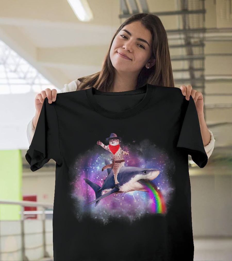 Space Cat Cowboy Riding Rainbow Shark In Galaxy T-Shirt
