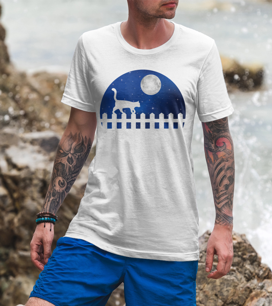 Cat Cat Moon Night Sky Walking Fence T-Shirt