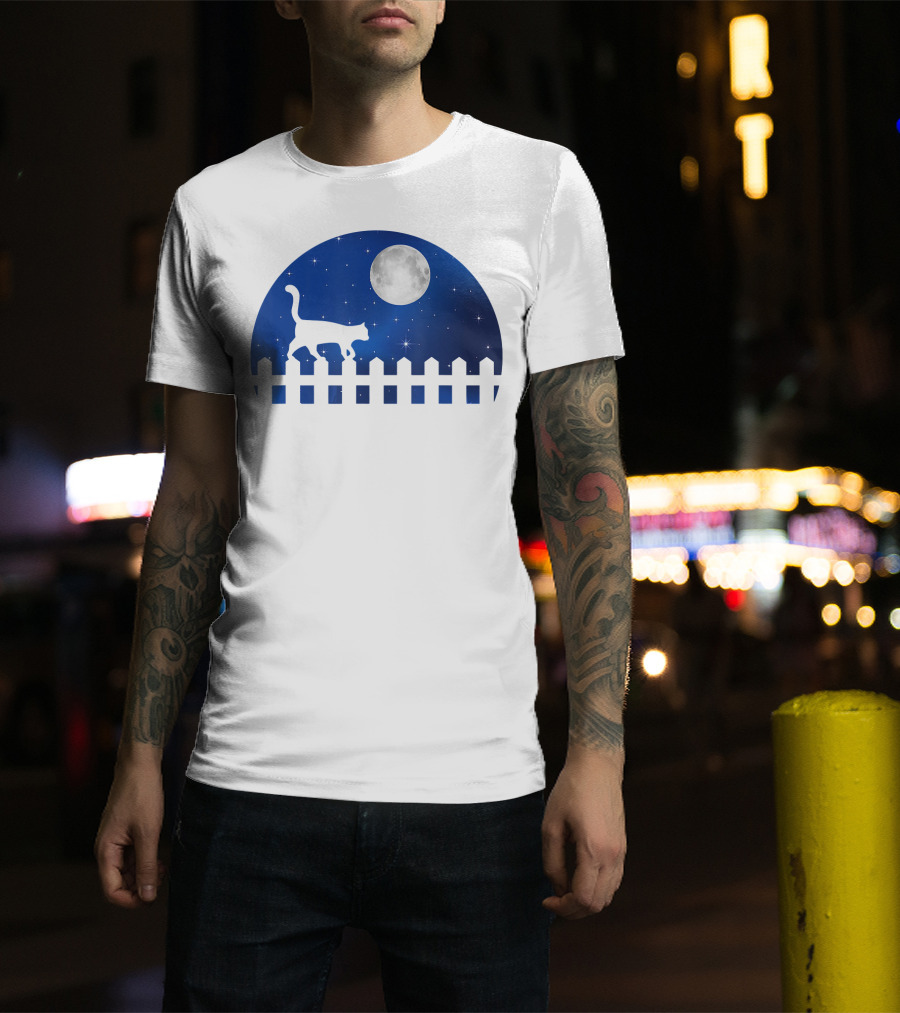 Cat Cat Moon Night Sky Walking Fence T-Shirt