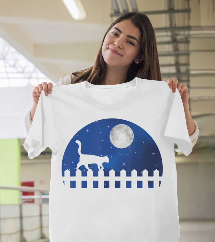 Cat Cat Moon Night Sky Walking Fence T-Shirt