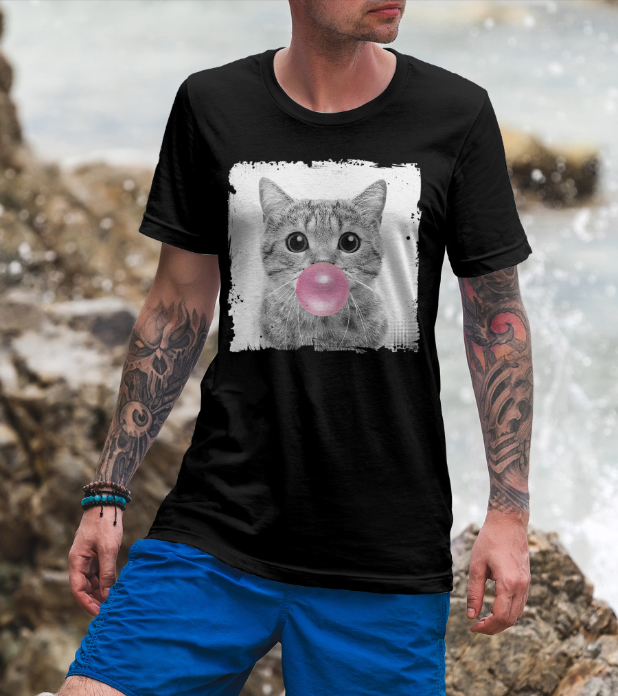 Cute Cat Blowing Pink Bubble Gum For Animal Lover Black And White Sketch T-Shirt