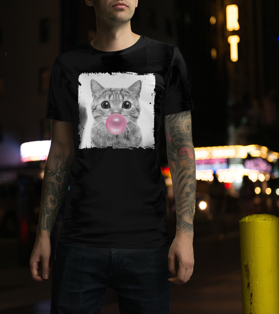 Cute Cat Blowing Pink Bubble Gum For Animal Lover Black And White Sketch T-Shirt