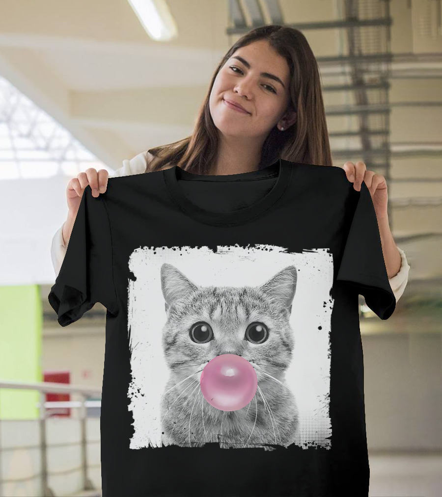Cute Cat Blowing Pink Bubble Gum For Animal Lover Black And White Sketch T-Shirt
