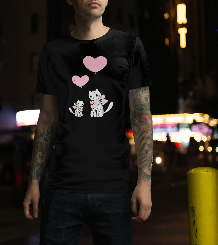 CUTE CATS Wearing Scarves Holding Pink Heart Balloons T-Shirt
