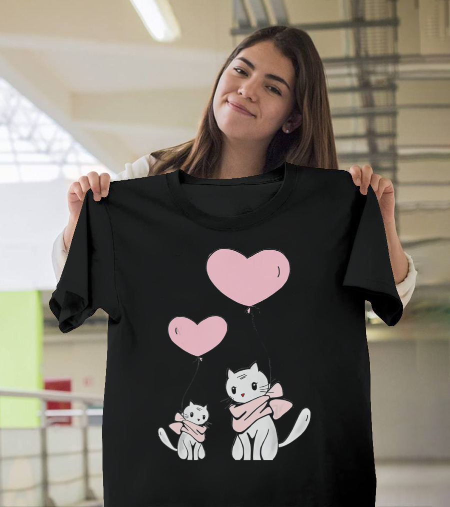 CUTE CATS Wearing Scarves Holding Pink Heart Balloons T-Shirt