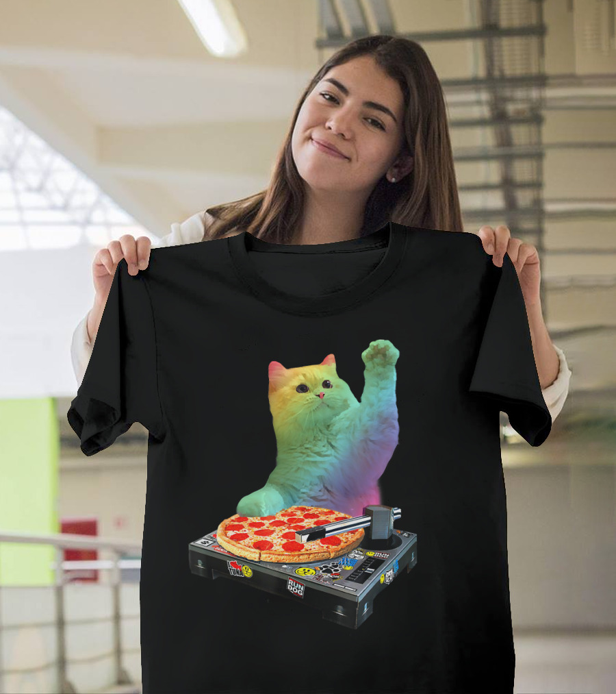 DJ Cat EDM Pizza Turntable Colorful Kitty Music Fun T-Shirt