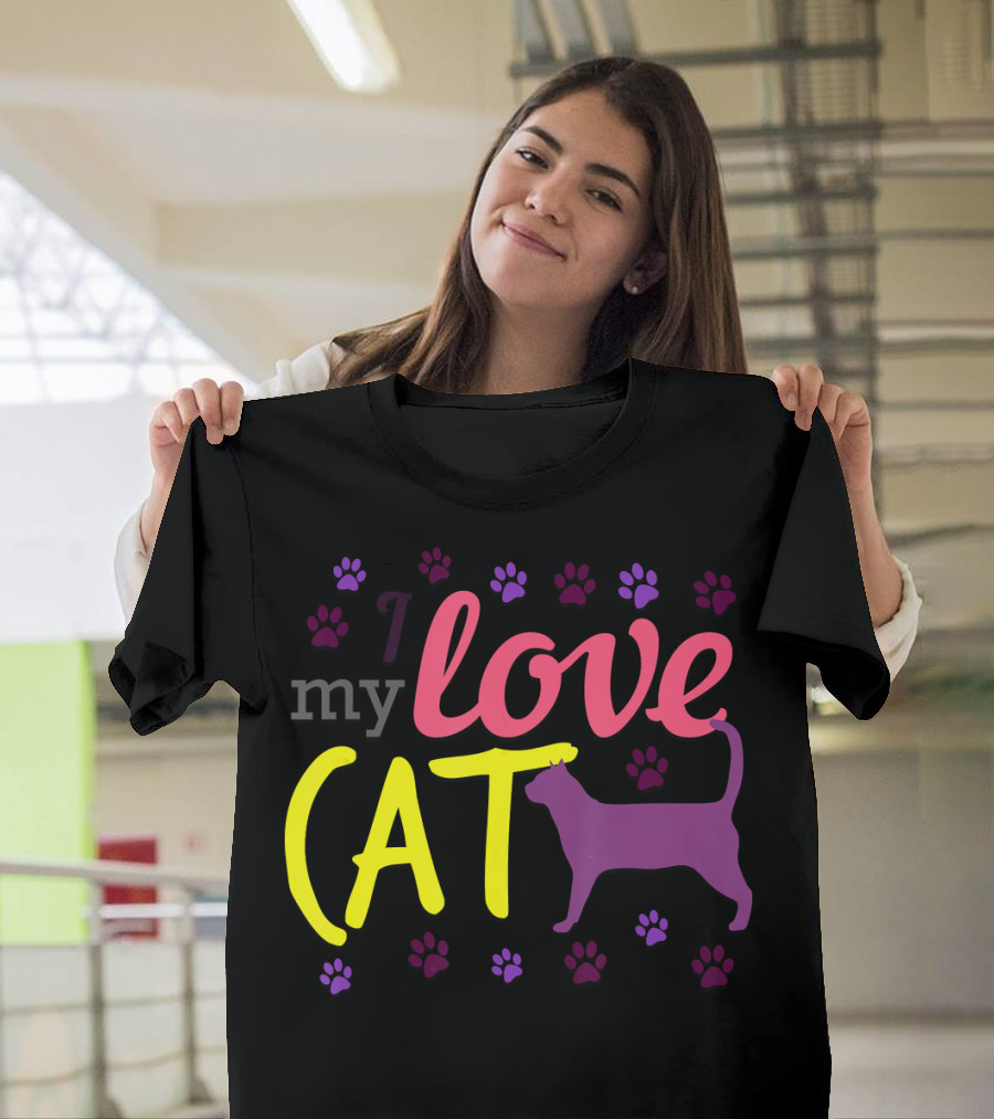 I Love My Cat Feline Owner Cute Pet Purple Paw Prints T-Shirt