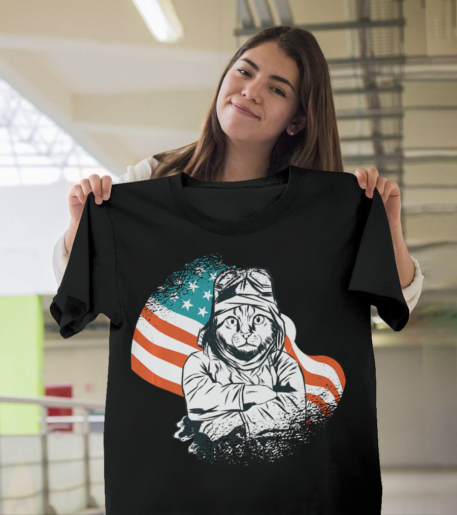 Patriotic Cat Aviator with American Flag for Cat Lovers T-Shirt