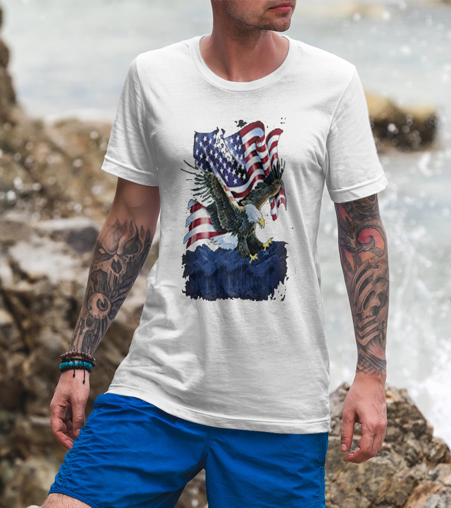 Bald Eagle Over Mountains With American Flag Background T-Shirt
